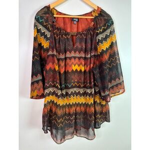 Rafaella Blouse 3X Black Orange Chevron Stripe Sheer 3/4 Sleeve Fall Top Women's